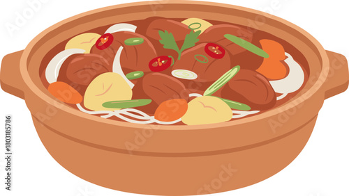 Flat Illustration Delicious Braised Meat Stew with Vegetables in Pot
