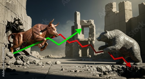 Dynamic bull versus bear market visualization, showing growth and decline with ruins and financial volatility for investment marketing concepts