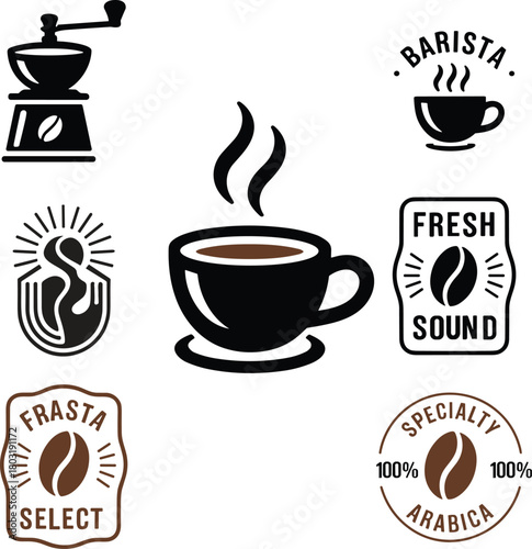 Coffee shop logos and icons vintage style coffee bean grinder cup coffee cup coffee grinder