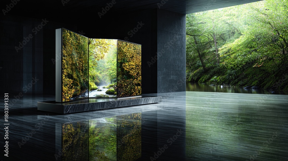 Naklejka premium Modern, multi-panel display showcasing a tranquil forest scene.