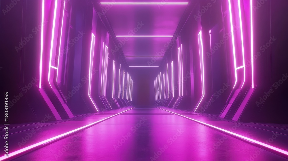 Fototapeta premium Futuristic neon corridor, glowing path, empty space, virtual reality, digital art, possible use background, advertisement