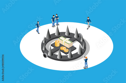 Illustration Business trap vector concept. Business people running to gold coin with noose trap style isometric