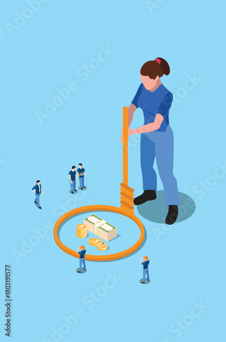 Illustration Business trap vector concept. Business people running to gold coin with noose trap style isometric