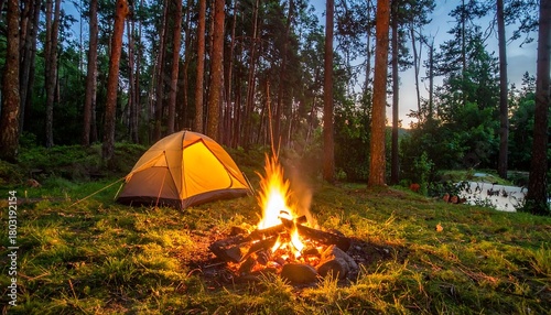 A lit tent and campfire illuminate a serene forest dusk scene, highlighting a camping experience