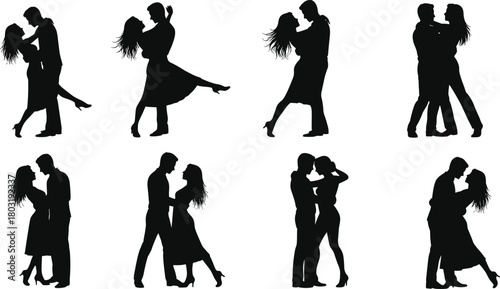 Couple dance silhouette, romantic pose, ballroom movement, Latin embrace, elegant figures, black outline, expressive gesture, partner connection, artistic style, passion