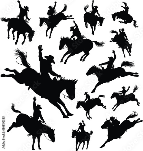 Cowboy riding horse silhouettes, rodeo action, bucking bronco, western sport, dynamic pose, black vector, wild horse, isolated, design element