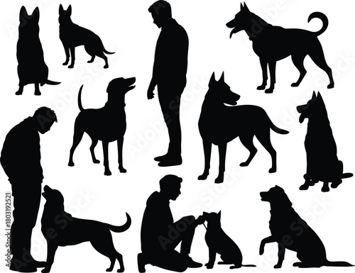 Dog training silhouette, human and dog interaction, obedience pose, pet companionship, black figures, sitting, standing, kneeling, bonding moment, outdoor scene