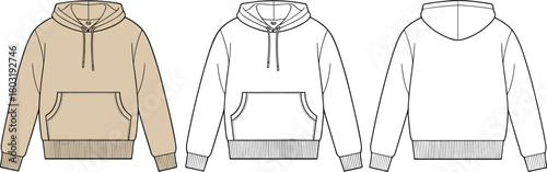 Hoodie front back sketch, colored view, technical drawing, fashion template, kangaroo pocket, ribbed hem, vector outline, apparel design mockup