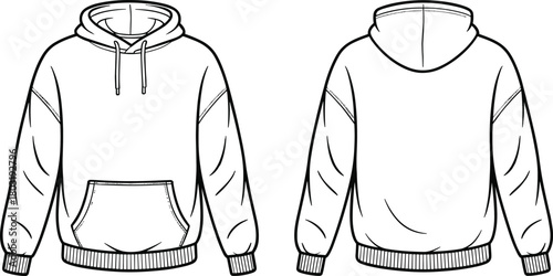 Hoodie flat sketch, front view, back view, fashion template, technical drawing, sweatshirt design, kangaroo pocket, vector outline, apparel mockup