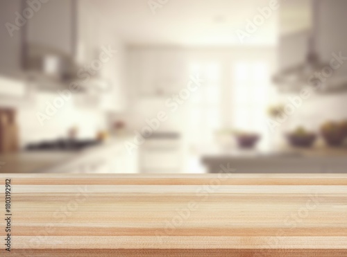 Empty wooden table top in modern kitchen