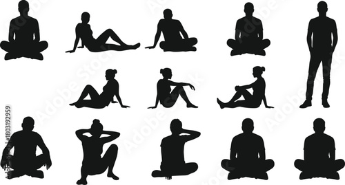 Human silhouette poses, seated and standing positions, body language, yoga meditation shapes, ergonomic posture, vector icons, fitness design, anatomy reference