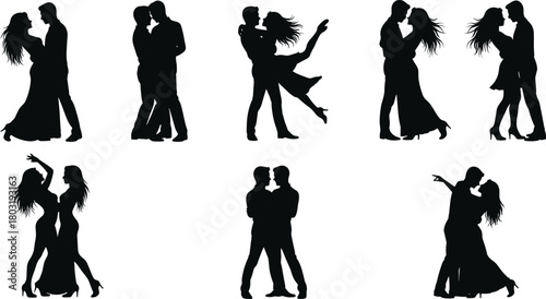 Romantic couple silhouette, dance pose, elegant movement, black figures, expressive gesture, partner connection, love embrace, artistic style, passion, intimacy