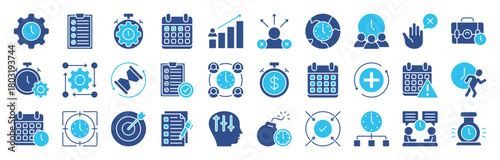 Time Management color editable icon set collection. Task, manage time, planner, schedule, to-do list, calendar, delegation, reminder, timer, set priorities and more. Vector illustration eps 10
