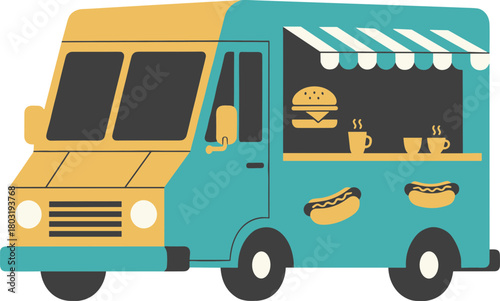Flat Style Detail Food Truck with Burger and Hotdog Illustration
