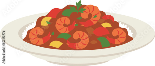 Simple Flat Illustration Shrimp Etouffee Cajun Dish with Rice Plate