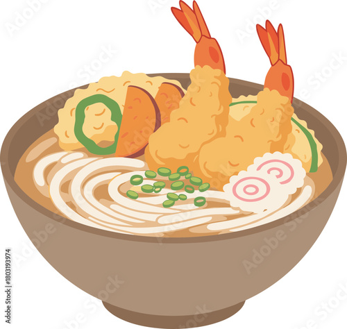 Simple Flat Udon Noodles with Tempura Shrimp in Bowl Illustration