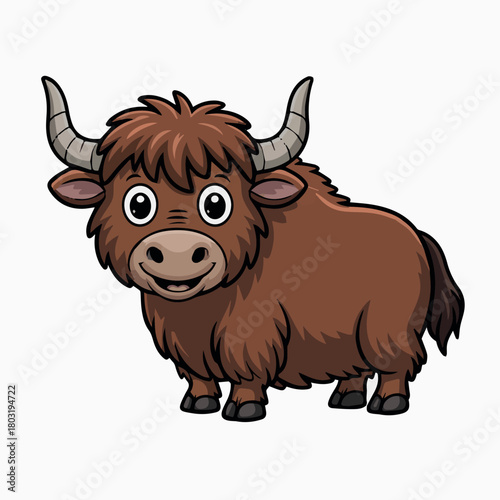 Cartoon yak illustration vector drawing of cute animal with horns and fluffy fur for kids and design