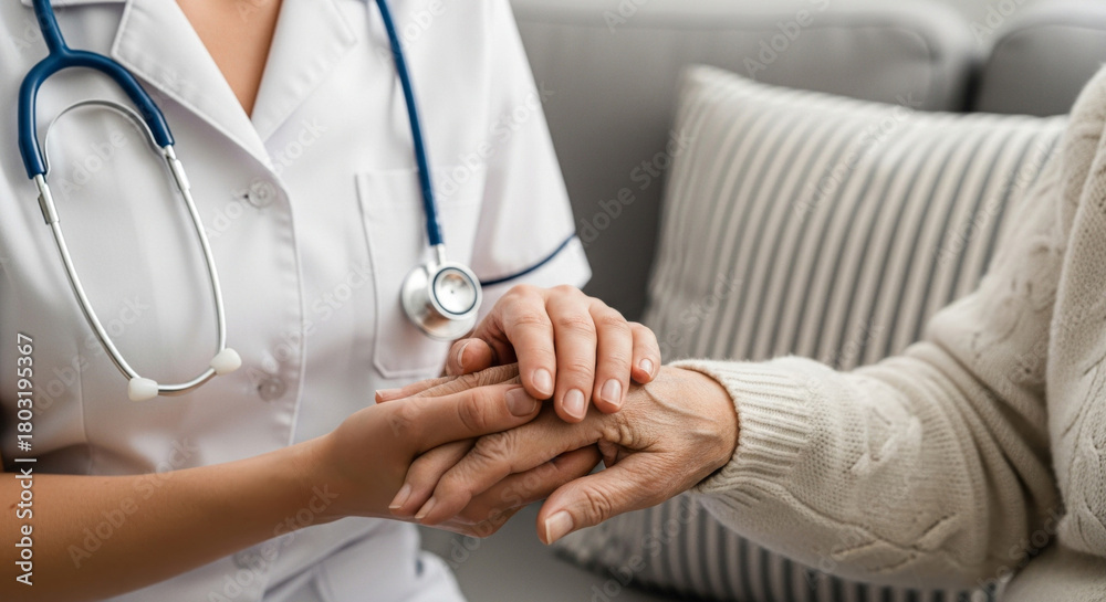 Fototapeta premium Nurse in White Uniform Holding Elderly Patient Hand in Medical Care Setting with Stethoscope, Gray Sofa and Striped Pillow in Background