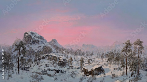 A breathtaking aerial view of a snow-covered alpine landscape at sunset, with pink and purple hues in the sky. Majestic mountains and tall trees create a serene winter atmosphere in high resolution.