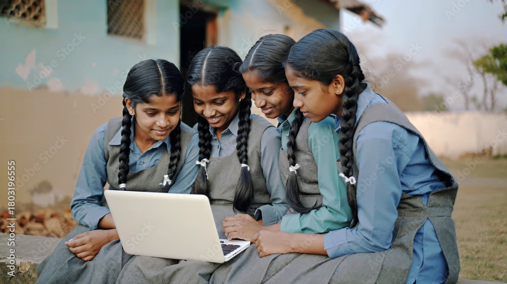 Fototapeta premium Group of happy Indian school girls learning together on a laptop in a rural village or school, young students looking at the screen with a smile - Access to education and technology