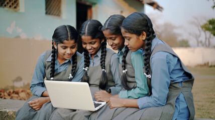 Group of happy Indian school girls learning together on a laptop in a rural village or school, young students looking at the screen with a smile - Access to education and technology