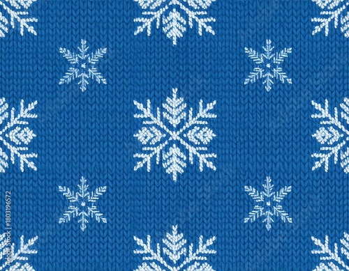 A seamless repeating pattern of white snowflake designs overlaying a textured, blue, knitted fabric background