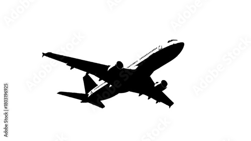 Vector illustration of silhouette of a modern passenger airplane in flight, isolated on transparent background 