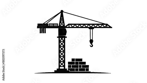 Vector illustration of construction crane and brick pile silhouette isolated on transparent background 