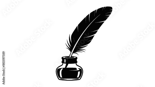 Vector illustration of feather quill pen in an inkwell, writing instrument, isolated on transparent background