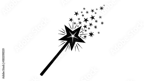 Vector illustration of magic wand with sparkling stars emanating from it, isolated on transparent background 