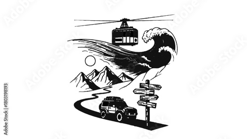 Vector illustration of offroad vehicle driving on a winding road past mountains and a giant wave, isolated on transparent background 