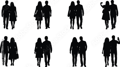 Couple walking silhouette set, black vector illustration, romantic poses collection, casual interaction design, relationship concept layout, love expression pattern