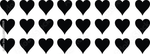 Heart silhouette grid, black vector illustration, symmetrical shape pattern, love symbol repetition, minimal design element, romantic concept layout