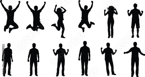 Jumping and standing silhouette set, black vector illustration, expressive human poses, emotional posture contrast, celebration and neutral stance design