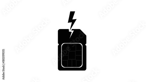 Vector illustration of damaged sim card with lightning bolt symbol, isolated on transparent background 