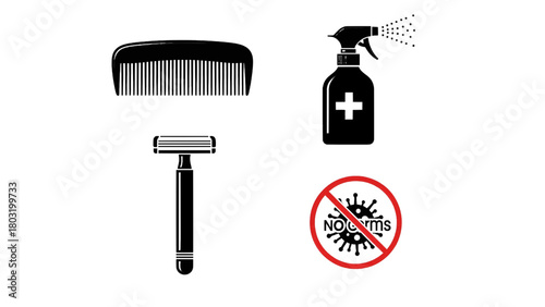 Vector illustration of barber tools and sanitizer with no germs sign isolated on transparent background 