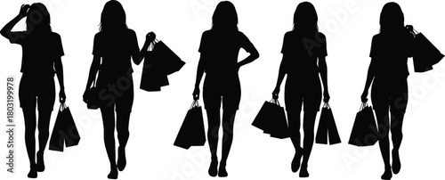 Shopping silhouette set, black vector illustration, walking poses collection, retail activity concept, consumer behavior design, casual style layout