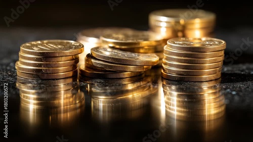 Wallpaper Mural Stacked golden coins reflecting light on a dark surface in a detailed close-up shot Torontodigital.ca