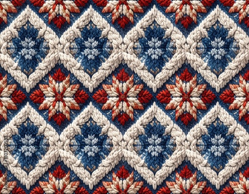 A symmetrical, repeating pattern features diamond shapes. Each diamond has a central flower design. The motif uses red, blue, and white thread