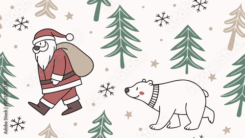 Santa claus walking with a sack and a polar bear in a christmas themed background with trees and snowflakes
