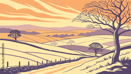 A stylized landscape illustration featuring rolling hills and bare trees under a pastel sky scene view