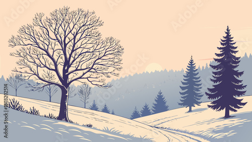 Winter landscape with bare tree in foreground and evergreen trees and snow covered hills in background