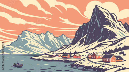 Scenic winter landscape with mountains, houses, boat and a pastel colored sky illustration