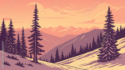A pixel art landscape featuring snow covered hills and tall pine trees under a pastel colored sky at dusk