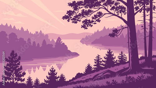 Illustration of a serene lake surrounded by pine forests under a pastel sky with sun rays shining through 100