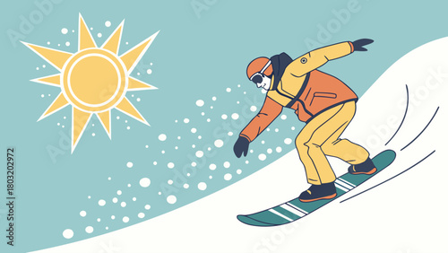 Illustration of a snowboarder riding down a snowy hill under a bright sun on a clear day scene