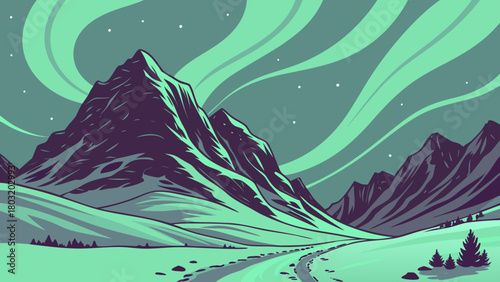 A scenic view of mountains and a winding path under the aurora borealis in a stylized illustration
