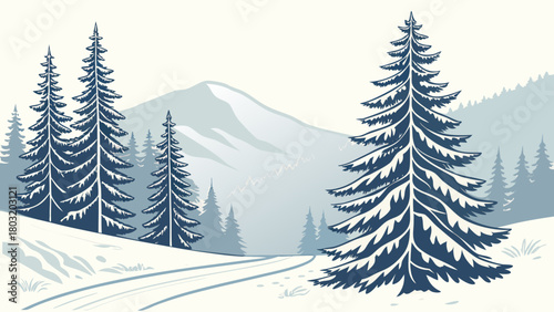 Winter landscape with snow covered ground and evergreen trees against a mountain backdrop scene