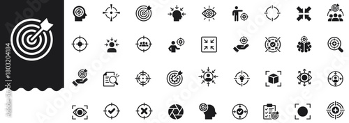 Focus solid icon set cover target, crosshairs, goals, eye, magnifier, priority, strategy, precision, accuracy, objective, search, zoom, vision, aim, concentration. Professional vector illustration set