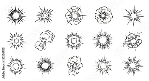 Comic Style Explosion Icons Set Outlines and Bursts